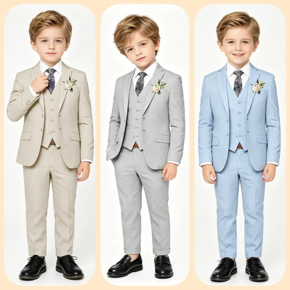 Handsome Linen Boys Suit 4-Piece Set with Floral Bow Tie 2026 Classic Formal Blazer Vest Pants for Ring Bearer Wedding Party