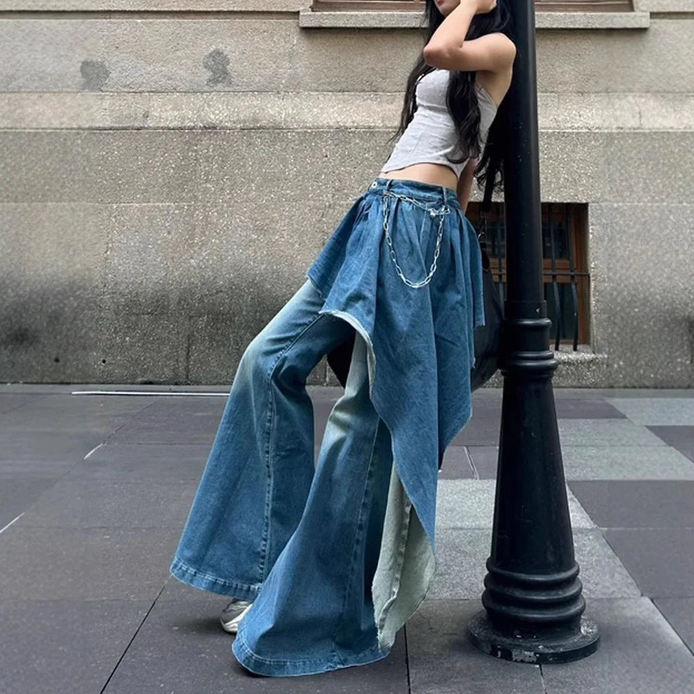 American Retro Irregularly Designed Patchwork Jeans, Women's Four Seasons New Street Hot Girl Patchwork Flared Jeans, Long Pants