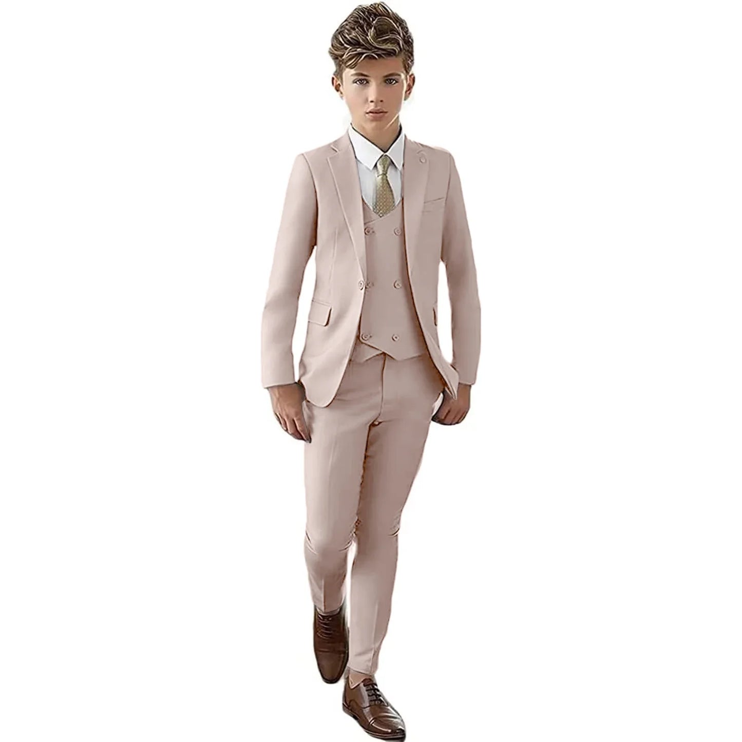 Fast Ship New Year Celebration Beige Tone Boys Suit Set Including Blazer Pants 4PCS Kids Tuxedo Set From 3 to 14 Years Outfit