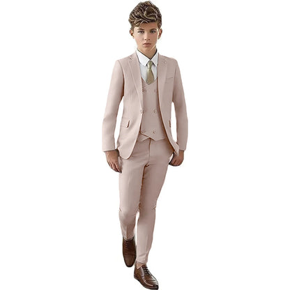 Fast Ship New Year Celebration Beige Tone Boys Suit Set Including Blazer Pants 4PCS Kids Tuxedo Set From 3 to 14 Years Outfit
