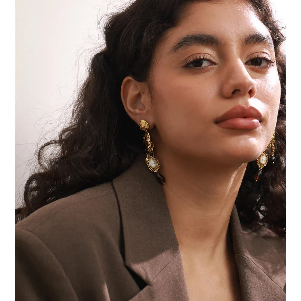 Vintage Stainless Steel Heart Cross Key Charm Pendant Drop Earrings Golden Plated Crystal Resin Stone Waterproof Jewelry