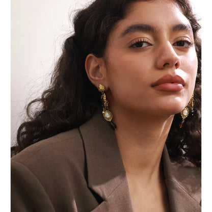 Vintage Stainless Steel Heart Cross Key Charm Pendant Drop Earrings Golden Plated Crystal Resin Stone Waterproof Jewelry