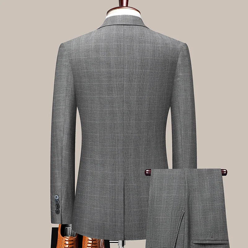 Suits (blazer+ Pants) Men Fashion Business Casual Solid Color Korean Version Slim-fit Plaid Gentleman Wedding Work S-5XL