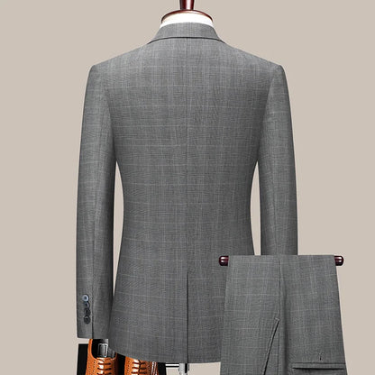 Suits (blazer+ Pants) Men Fashion Business Casual Solid Color Korean Version Slim-fit Plaid Gentleman Wedding Work S-5XL