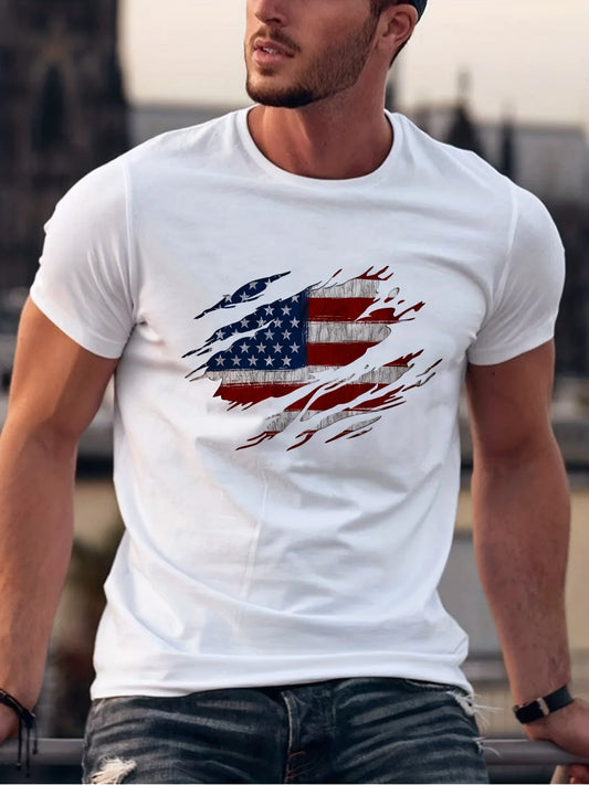 Stylish American flag print men's summer casual loose fit 100% pure cotton crew neck short sleeve T-shirt, trendy T-shirt