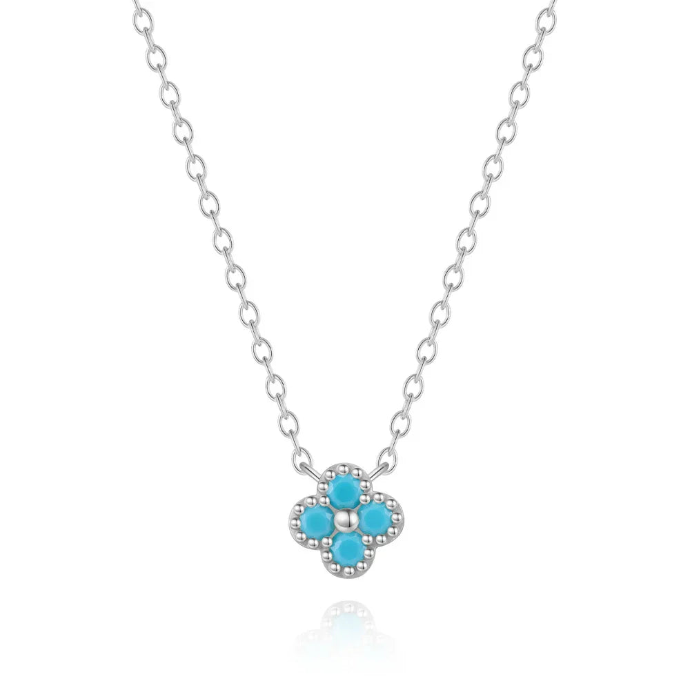 100% 925 Sterling Silver Turquoise Crystal Petal Patter Pendant Necklaces For Women Delicate Wedding Jewelry Collar Mujer