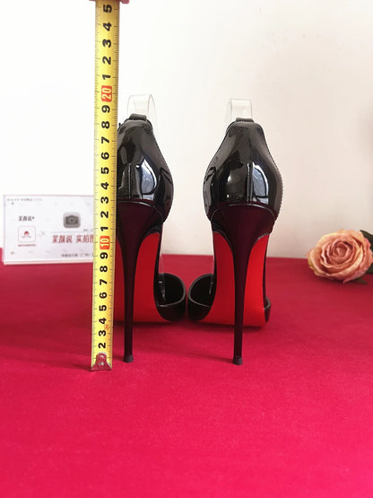 Customized 12cm Ultra High Heels Black Lacquer Classic Thin Heel Bottom Shallow Mouth Fun Women's High Heel Sandals