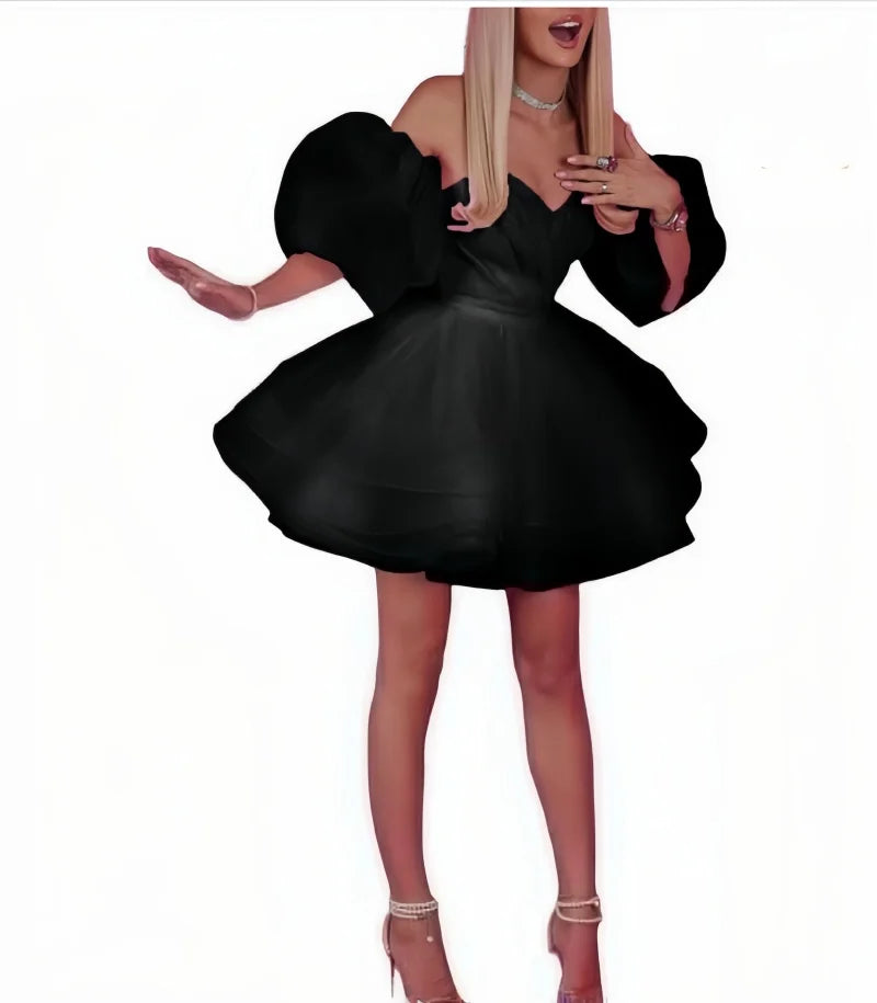 Vestidos de baile de cetim e tule ombro a ombro para festa, vestido de baile curto de coração, vestido de baile com mangas bufantes em linha A