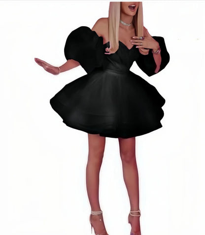 Vestidos de baile de cetim e tule ombro a ombro para festa, vestido de baile curto de coração, vestido de baile com mangas bufantes em linha A