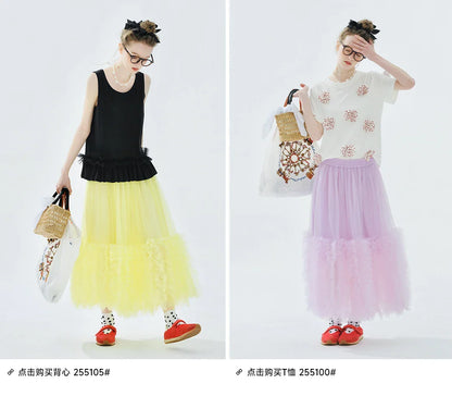 Women's Light Purple Tulle Midi Skirt with Ruffled Hem Elastic Waist Casual Fairy Style Summer  Flowy A-Line Skir 255106