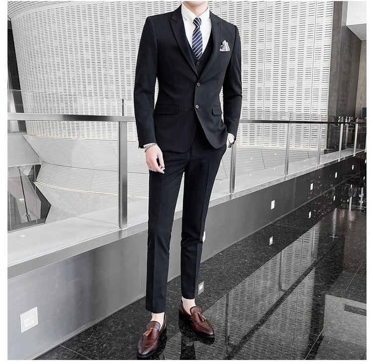 Conjunto de Terno Masculino de Negócios Slim Fit Três Peças 2025 de Alto Padrão Estilo Coreano para Casamento Noivo Festa Terno Colete Calças M-4XL
