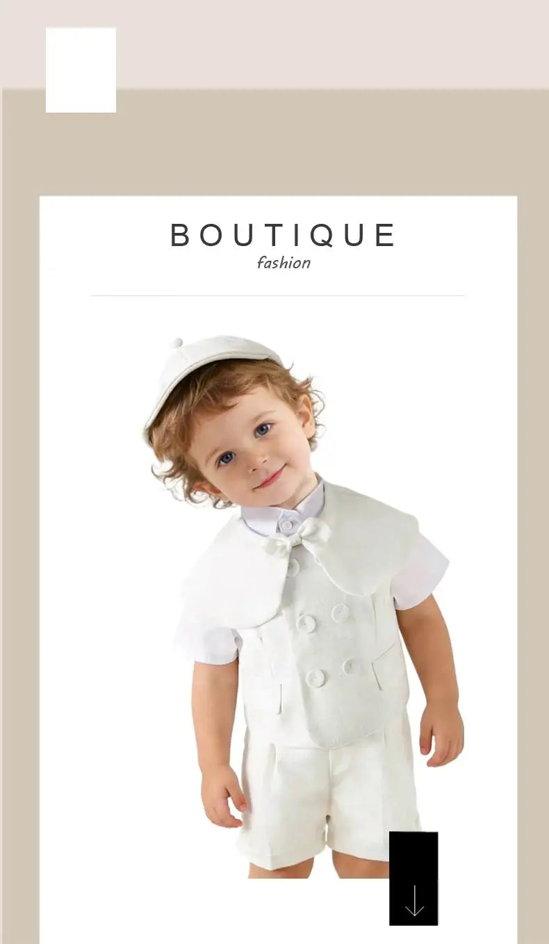 Boys White Linen Suit Set Summer Short Sleeve shawl  Vest & suspenders Shorts Gentleman Outfit for Wedding Party Occasions