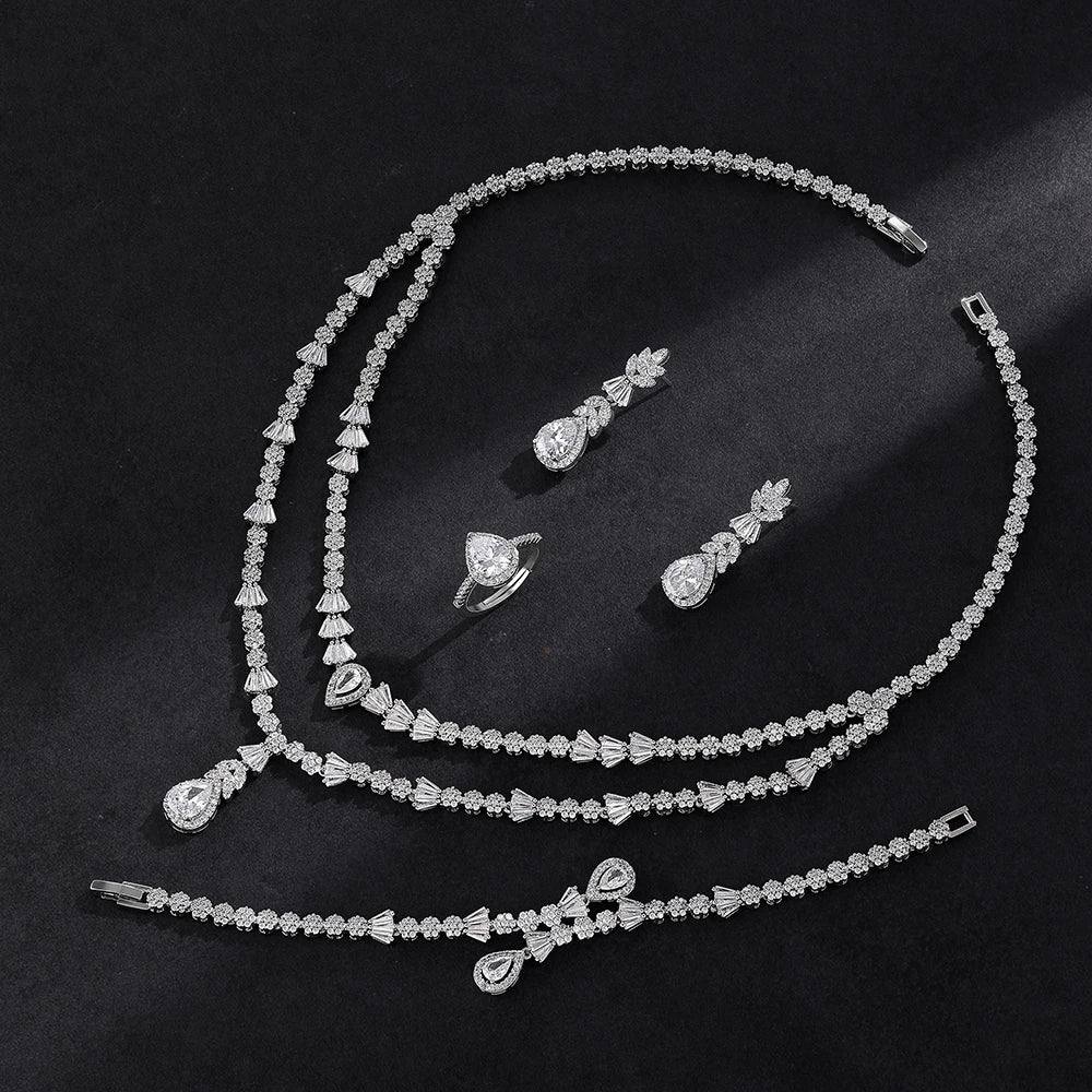 Double Layers Necklace Earring 4 Pieces Sets Luxury Cubic Zirconia Dubai Nigeria Wedding Bridal Jewelry Sets