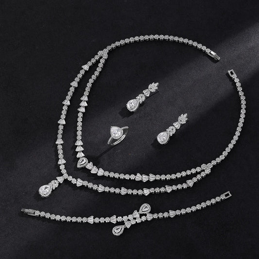 Double Layers Necklace Earring 4 Pieces Sets Luxury Cubic Zirconia Dubai Nigeria Wedding Bridal Jewelry Sets