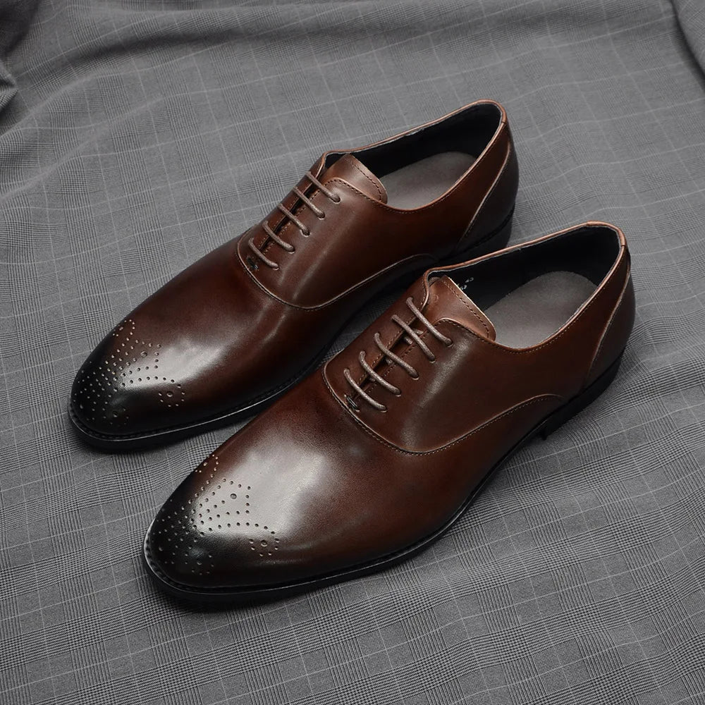Italian Classy Men's Oxford Dress Shoes Genuine Cow Leather Lace-up Brogue Brown Black Business Office Wedding Formal Shoes Man