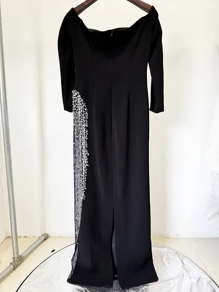 Designer Vestido Women's Diamonds Beaded Slash Neck Off The Shoulders Patchwork Gauze Long Maxi Dress