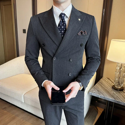 (Jackets+Pants) Luxury Double Breasted Design Slim Fit Suit High Quality Fashion Men's Wedding Social Suit Tuxedo 2 Piece Set