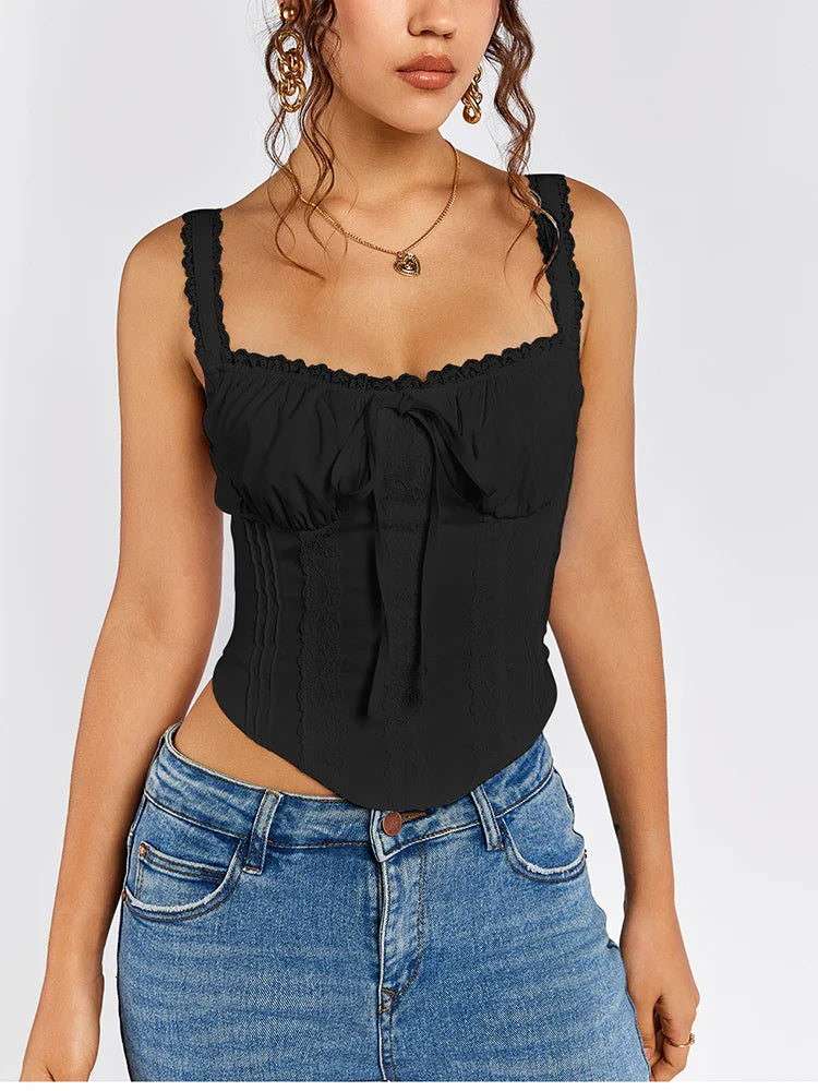 Women's Sleeveless Spaghetti Strap Lace Crop Corset Top Backless Double Layer Fashion Casual Party Cami Bustier Tops