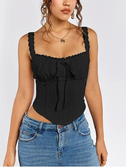 Women's Sleeveless Spaghetti Strap Lace Crop Corset Top Backless Double Layer Fashion Casual Party Cami Bustier Tops