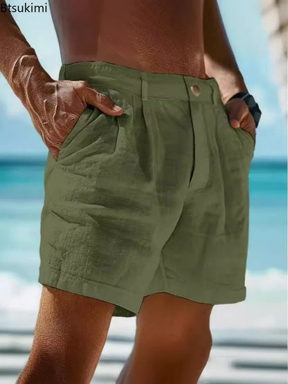 2026 Summer Cotton Linen Shorts for Men Solid Casual Button Pocket Beach Shorts Men's Comfortable Simple Vacation Leiture Pants