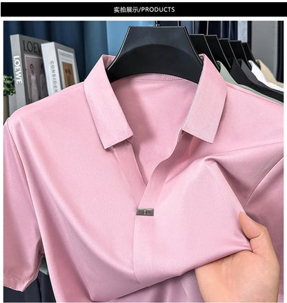 High quality ice silk short sleeve T-shirt men's lapel top trendy brand design cool silky breathable summer casual polo shirt