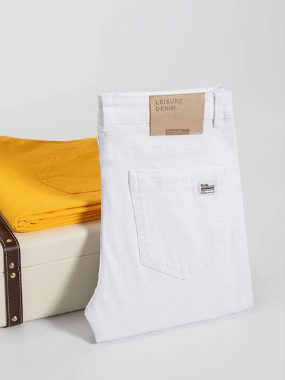 Spring Summer White Slim Fit Jeans Men Casual Thin Straight Leg Stretch Denim Pants Solid Color Streetwear Daily Wear Trousers