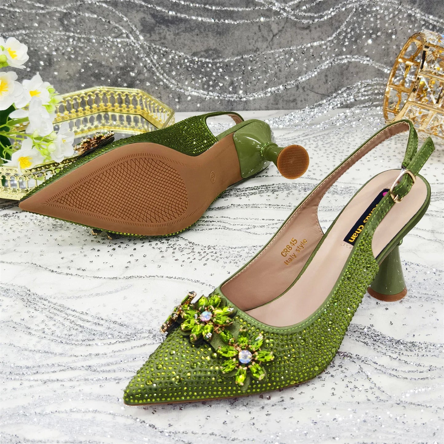 Sapato Scarpin Feminino Salto Alto Bico Fino Verde Oliva e Bolsa para Festa Strass Noite Elegante Luxo