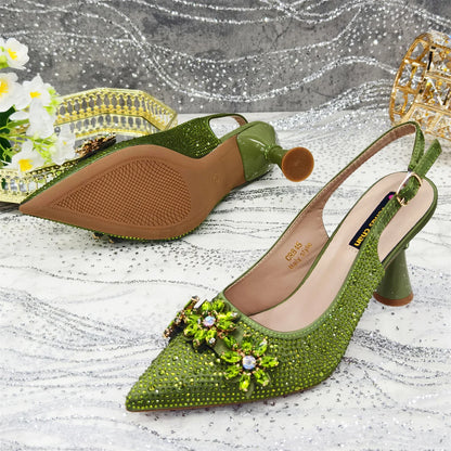 Sapato Scarpin Feminino Salto Alto Bico Fino Verde Oliva e Bolsa para Festa Strass Noite Elegante Luxo