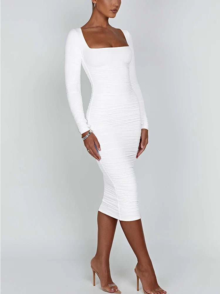 Vestido Feminino de Outono e Inverno Sexy Colado ao Corpo Decote Quadrado Manga Longa Vestidos de Noite para Senhoras