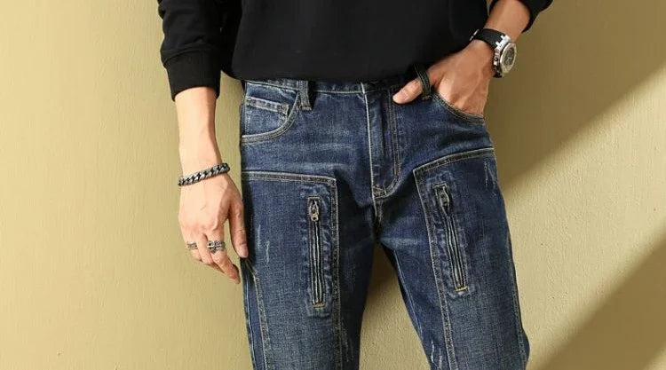 Man Cowboy Pants with Pockets Men's Jeans Motorcycle Tapered Trousers Straight Retro Trend 2025 Classic Stylish Goth Denim Buggy
