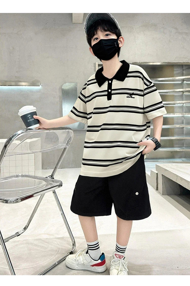 2025 New Kids Boys Cotton Top and Bottom Clothing Set for Child Stripe Polo Shirt + Shorts Two Pieces Summer Outfit Clothes Set