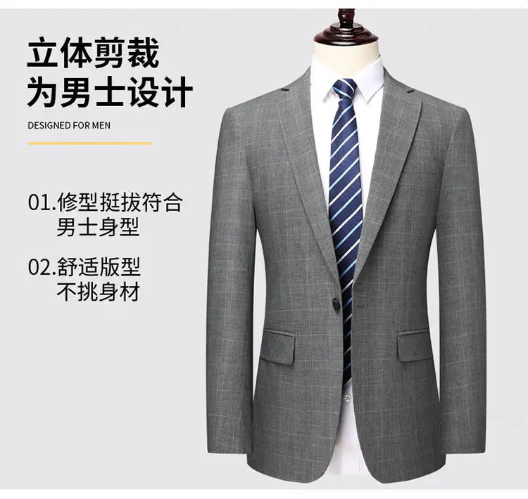 Suits (blazer+ Pants) Men Fashion Business Casual Solid Color Korean Version Slim-fit Plaid Gentleman Wedding Work S-5XL