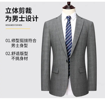 Suits (blazer+ Pants) Men Fashion Business Casual Solid Color Korean Version Slim-fit Plaid Gentleman Wedding Work S-5XL