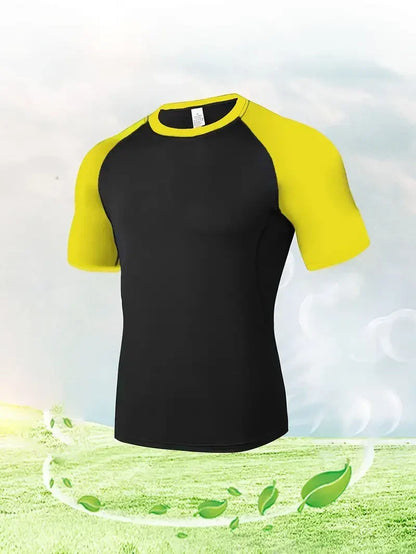 Men's Compress Shirt + 2-in-1 sports shorts 2pcs Set Leisure Breath Short Sleeve Sport Jogging Gym Brand Print Clothing