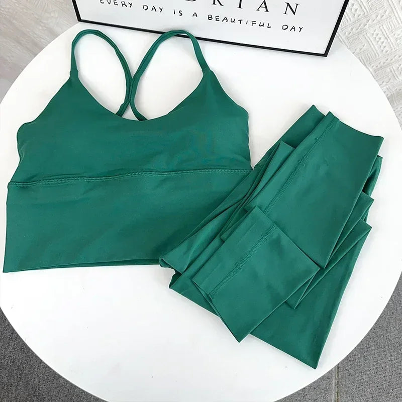 2 Piece Yoga Set Sportswear Fitness Suits Sexy Cross back Yoga Tops Elasticity High Waist Leggings Running Sports Clothing