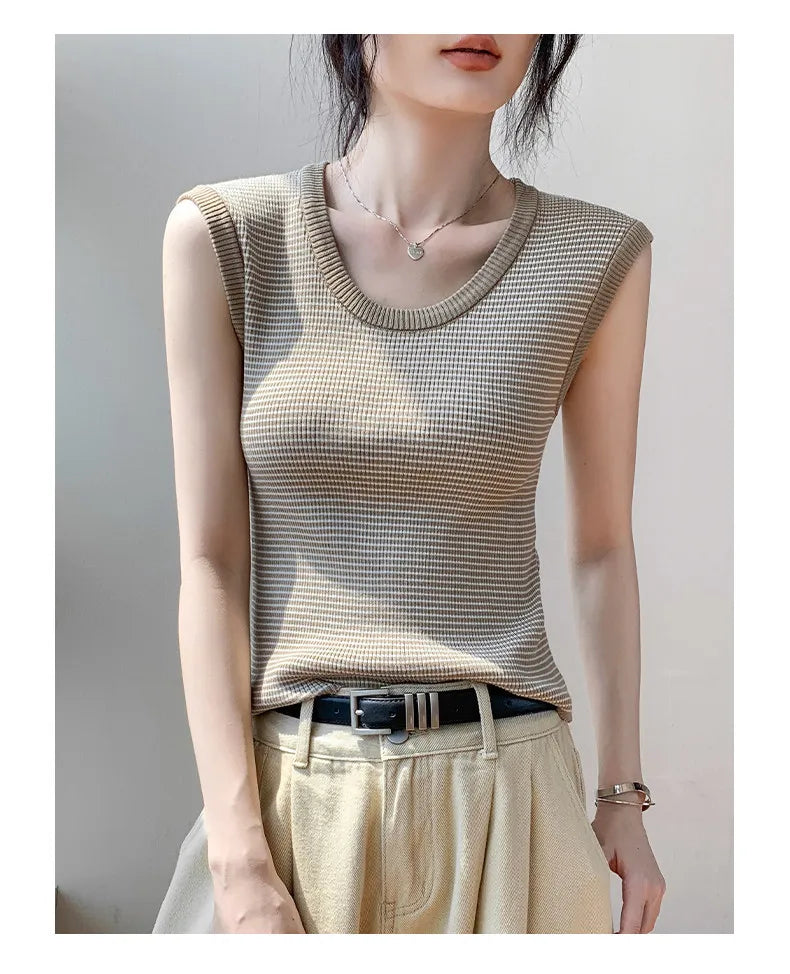 2026 Spring Summer O-Neck Striped Vest Top Simple Slim Fit Sleeveless Casual Versatile Women's Tank Top