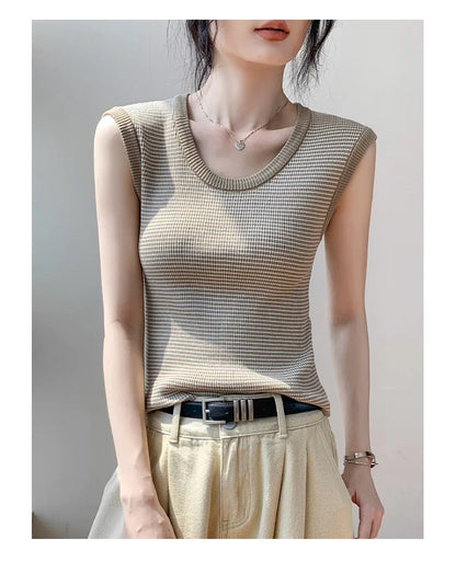 2026 Spring Summer O-Neck Striped Vest Top Simple Slim Fit Sleeveless Casual Versatile Women's Tank Top