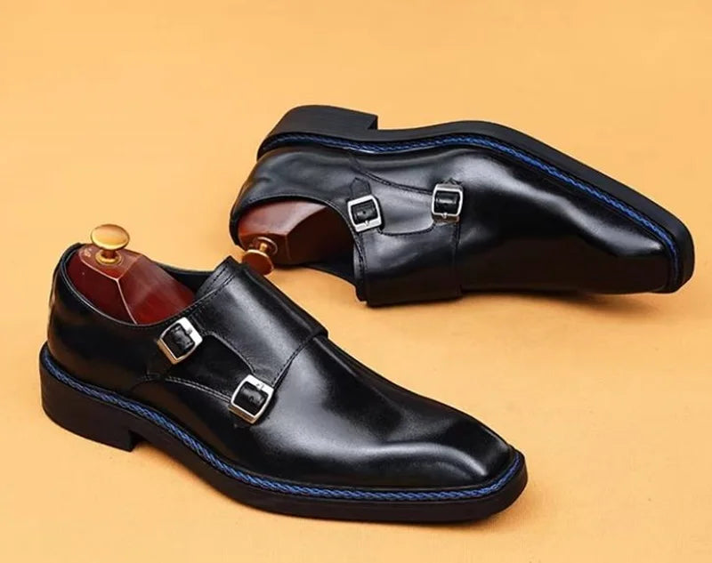 High-end Cowhide Leather Shoes For Men Square Toe Double Monk Strap Shoes Mens Dress Shoes Slip On Business Formal Shoes
