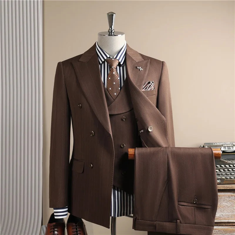 Man Outfit Turn Down Collar Long Sleeve Blazer Men Turn Down Collar Vest Straight-leg Pant Male Striped Slim 3-piece Suit Set