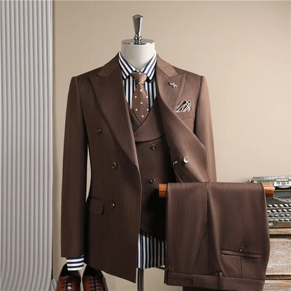 Man Outfit Turn Down Collar Long Sleeve Blazer Men Turn Down Collar Vest Straight-leg Pant Male Striped Slim 3-piece Suit Set