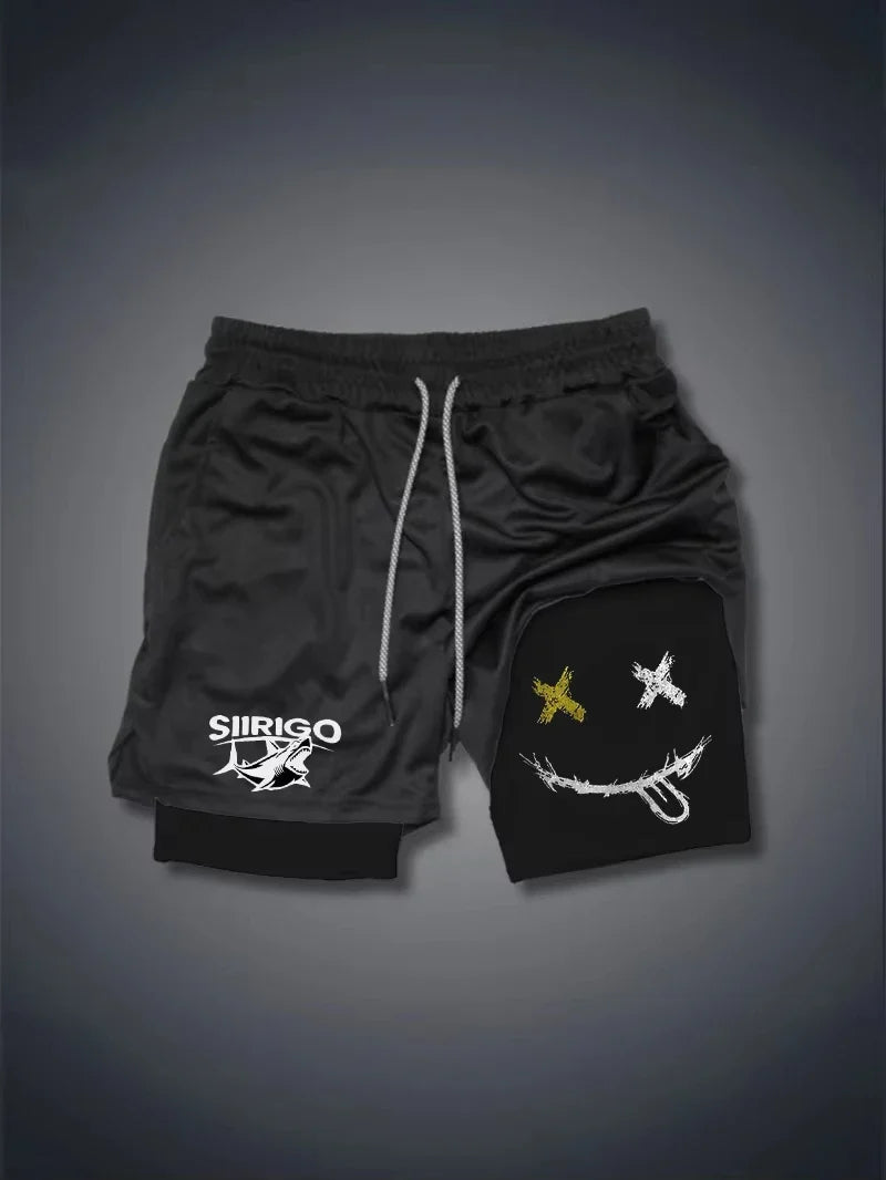 2024 Men's Smiling Face Printed Fitness Shorts Double-Layer 2-in-1 Quick Drying Fitness Outdoor Leisure Training Sports Shorts