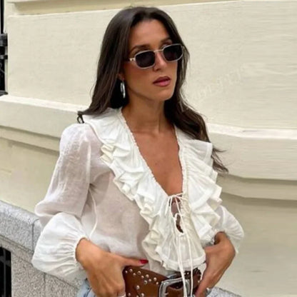 Woman 2025 Oversized Frill Blouse Spring Shirts & Blouses See-Through Chiffon Long Sleeve Top Layered Plus Size Shirts 066