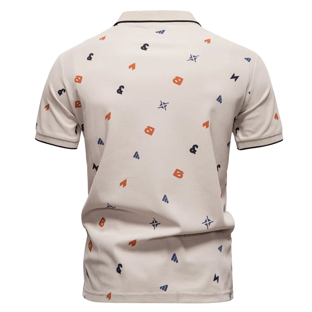 ‌2025 Summer New Men's Solid Color Polo Shirt with Printed Turn-Down Collar Casual Slim Fit Breathable Comfortable Top‌