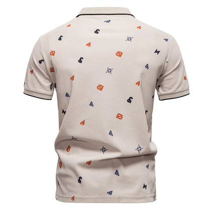 ‌2025 Summer New Men's Solid Color Polo Shirt with Printed Turn-Down Collar Casual Slim Fit Breathable Comfortable Top‌