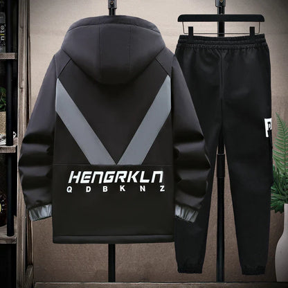 Winter Tracksuit Men Warm Sports Printed Thick Suit Mens Casual Hooded jacket+Pants Sweatsuit Male 2 Piece Sportswear