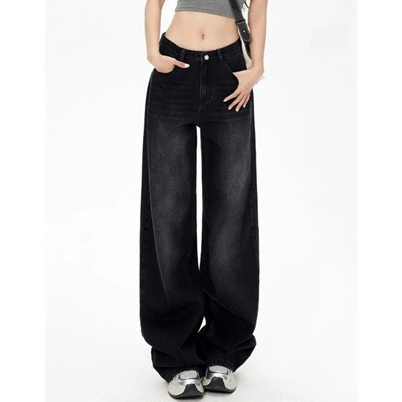 Lady Retro Black Gray High Waist Jeans Pants Women Fashion Straight Leg Denim Trousers Girls Loose Fit Thin Casual Pants