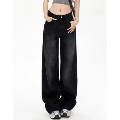 Lady Retro Black Gray High Waist Jeans Pants Women Fashion Straight Leg Denim Trousers Girls Loose Fit Thin Casual Pants
