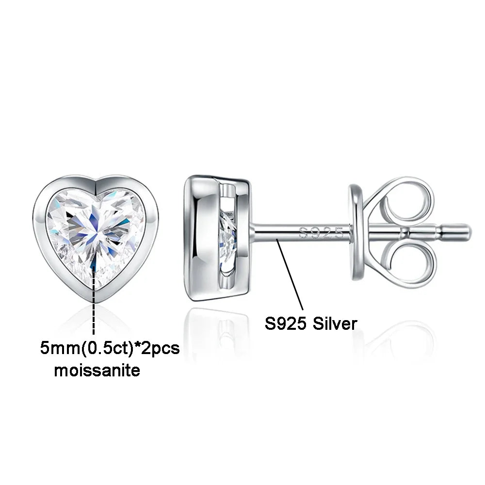 5mm Heart Cut Moissanite Solitaire Stud Earrings for Women Bezel Set Diamond 925 Sterling Silver Earring Jewelry Gift for Her