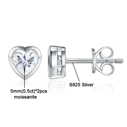 5mm Heart Cut Moissanite Solitaire Stud Earrings for Women Bezel Set Diamond 925 Sterling Silver Earring Jewelry Gift for Her