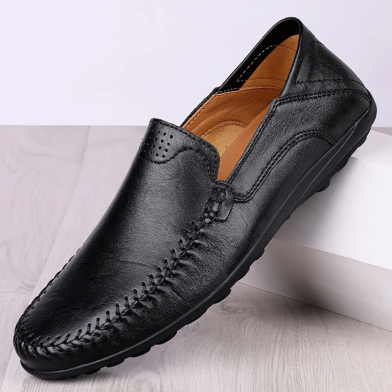 Sapatos Masculinos de Couro Genuíno Costurados Sem Deslize Loafer Feito à Mão Negócios Casamento Tamanhos Grandes Sapatos Formais Casuais para Homens